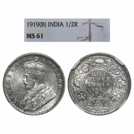 George V, Silver, Half Rupee, 1919, Bombay Mint, Dot, Elephant. F. Prid 343. GK 1057. NGC 
