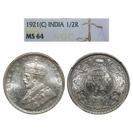 George V, Silver, Half Rupee, 1921, Calcutta Mint, No dot, Elephant. F. Prid 324. GK 1058.