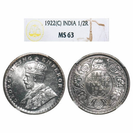 George V, Silver, Half Rupee, 1922, Calcutta Mint, No dot, Elephant. F. Prid 325. GK 1059.