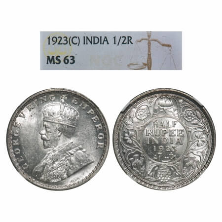 George V, Silver, Half Rupee, 1923, Calcutta Mint, No dot, Elephant. F. Prid 326. GK 1061.