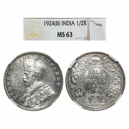 George V, Silver, Half Rupee, 1924, Bombay Mint, Dot, Elephant. F. Prid 346. GK 1064. NGC 