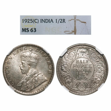 George V, Silver, Half Rupee, 1925, Calcutta Mint, No dot, Elephant. F. Prid 328. GK 1065.
