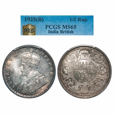 George V, Silver, Half Rupee, 1925, Bombay Mint, Dot, Elephant. F. Prid 347. GK 1066. PCGS