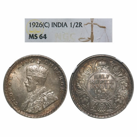 George V, Silver, Half Rupee, 1926, Calcutta Mint, No dot, Elephant. F. Prid 329. GK 1067.
