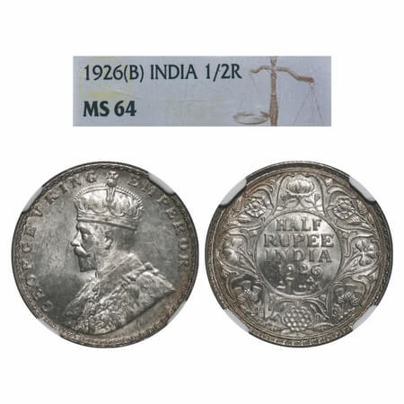 George V, Silver, Half Rupee, 1926, Bombay Mint, Dot, Elephant. F. Prid 348. GK 1068. NGC 