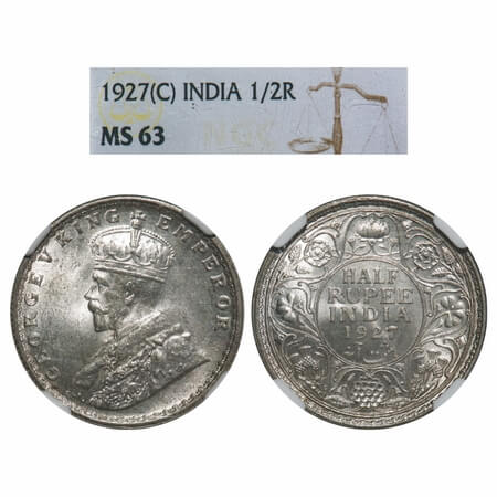 George V, Silver, Half Rupee, 1927, Calcutta Mint, No dot, Elephant. F. Prid 330. GK 1069.
