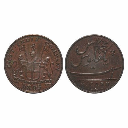 Madras Presidency, Copper V (Five) Cash, 3.00g, Struck at Soho Mint, 1803 AD, Obv: Coat of
