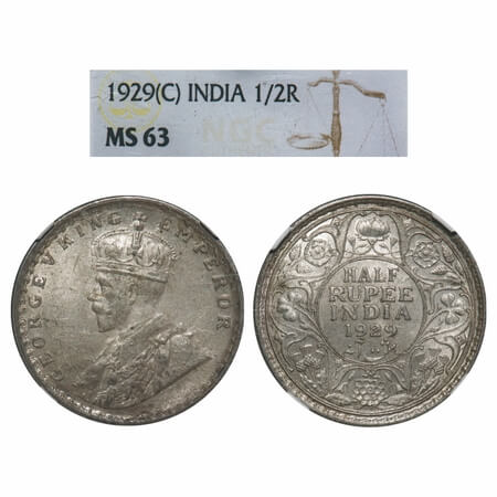 George V, Silver, Half Rupee, 1929, Calcutta Mint, No dot, Elephant. F. Prid 331. GK 1071.