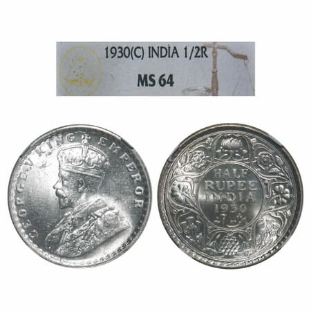 George V, Silver, Half Rupee, 1930, Calcutta Mint, No dot, Elephant. F. Prid 332. GK 1072.