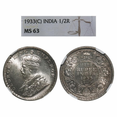 George V, Silver, Half Rupee, 1933, Calcutta Mint, No dot, Elephant. F. Prid 333. GK 1073.