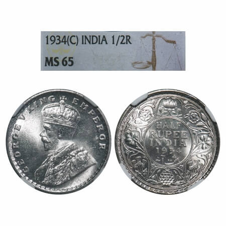 George V, Silver, Half Rupee, 1934, Calcutta Mint, No dot, Elephant. F. Prid 334. GK 1074.