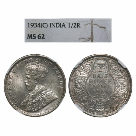 George V, Silver, Half Rupee, 1934, Calcutta Mint, No dot, Elephant. F. Prid 334. GK 1074.