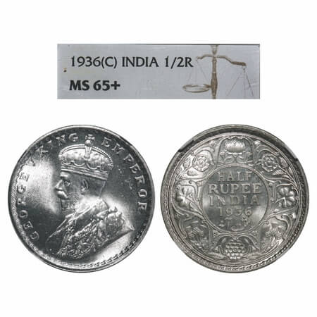 George V, Silver, Half Rupee, 1936, Calcutta Mint, No dot, Elephant. F. Prid 335. GK 1075.