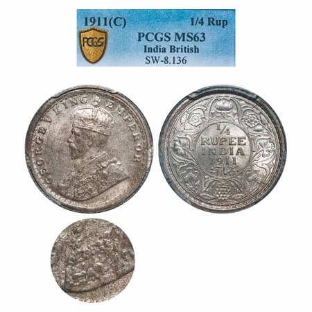 George V, Silver, 1/4 Rupee, 1911, Calcutta Mint, No dot, Pig-type. F. Prid 440. GK 1080. 