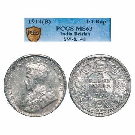 George V, Silver, 1/4 Rupee, 1914, Bombay Mint, Dot, Elephant. F. Prid 456. GK 1086. PCGS 