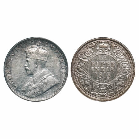 George V, Silver, 1/4 Rupee, 1915, Bombay Mint, Dot, Elephant. F. Prid 457. GK 1088. Extre
