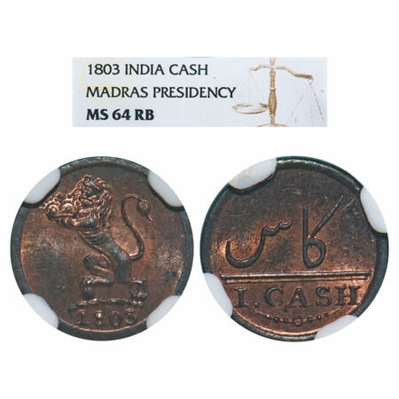 Madras Presidency, Copper Cash, 1803 AD, Struck at Soho Mint, Obv: The Company Crest with 