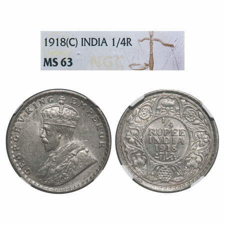 George V, Silver, 1/4 Rupee, 1918, Calcutta Mint, No dot, Elephant. F. Prid 446. GK 1090. 