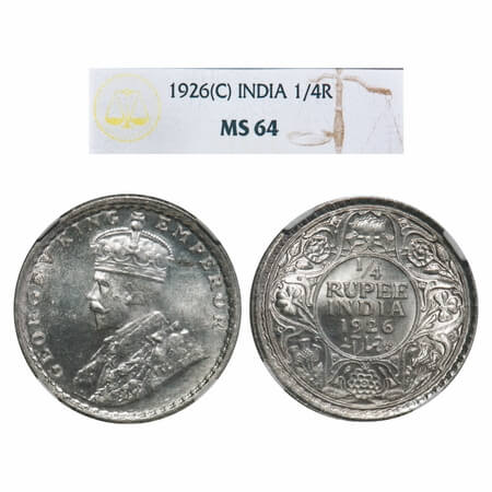 George V, Silver, 1/4 Rupee, 1926, Calcutta Mint, No dot, Elephant. F. Prid 449. GK 1094. 