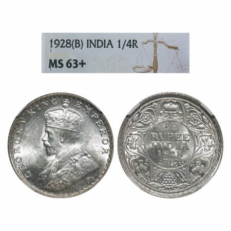 George V, Silver, 1/4 Rupee, 1928, Bombay Mint, Dot, Elephant. F. Prid 459. GK 1095. NGC S
