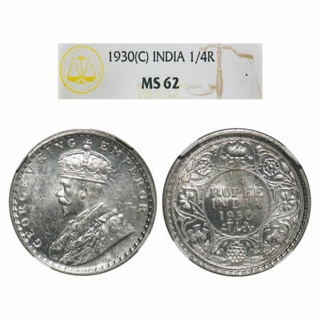 George V, Silver, 1/4 Rupee, 1930, Calcutta Mint, No dot, Elephant. F. Prid 451. GK 1097. 