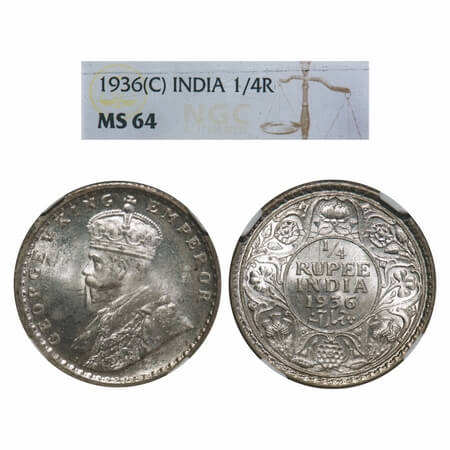 George V, Silver, 1/4 Rupee, 1936, Calcutta Mint, No dot, Elephant. F. Prid 453. GK 1099. 
