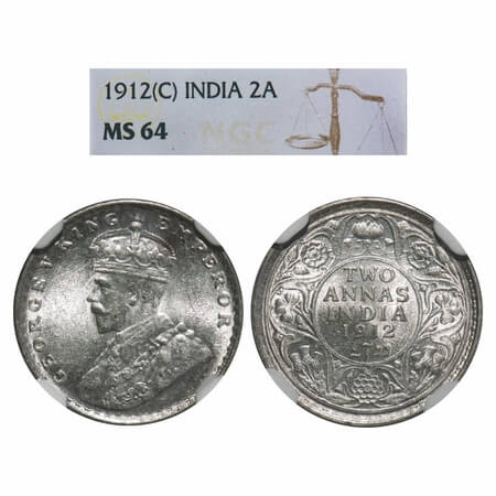 George V, Silver, 2 Annas, 1912, Calcutta Mint, No dot, Re-drawn Elephant. F. Prid 565. GK