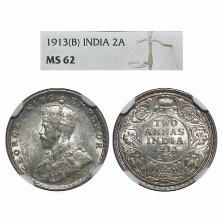 George V, Silver, 2 Annas, 1913, Bombay Mint, Dot, Elephant. F. Prid 572. GK 1111. NGC Sla
