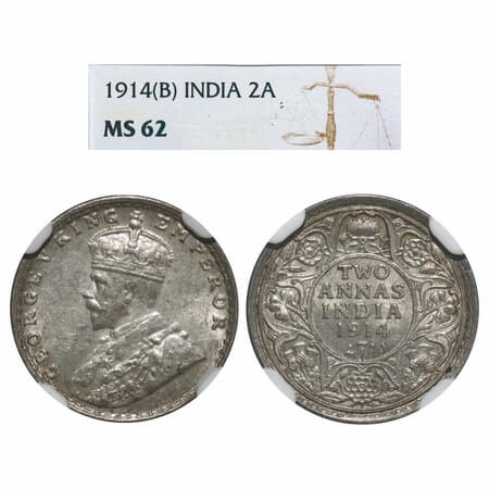 George V, Silver, 2 Annas, 1914, Bombay Mint, Dot, Elephant. F. Prid 573. GK 1113. NGC Sla