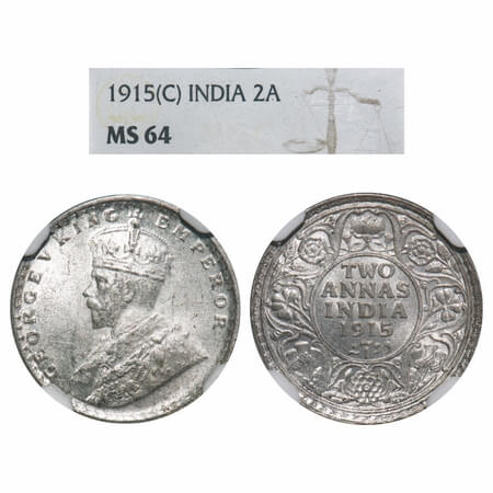 George V, Silver, 2 Annas, 1915, Calcutta Mint, No dot, Elephant. F. Prid 568. GK 1114. NG