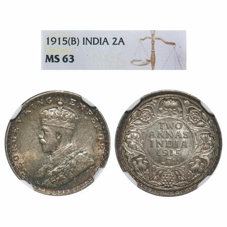 George V, Silver, 2 Annas, 1915, Bombay Mint, Dot, Elephant. F. Prid 574. GK 1115. NGC Sla