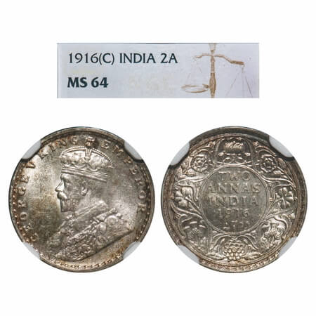 George V, Silver, 2 Annas, 1916, Calcutta Mint, No dot, Elephant. F. Prid 569. GK 1116. NG