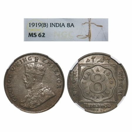 George V, Copper-Nickel, 8 Annas, 1919, Bombay Mint, Dot. F. Prid 872. GK 1078. NGC Slabbe
