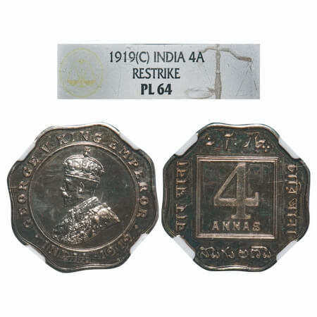 George V, Copper-Nickel, 4 Annas, 1919, Calcutta Mint, No dot. F. Prid. Paul Stevens & Ran