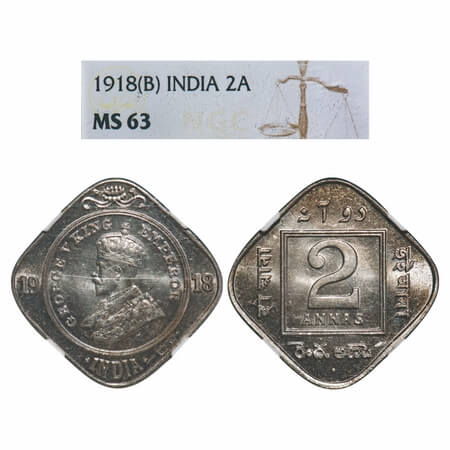 George V, Copper-Nickel, 2 Annas, 1918, Bombay Mint, Dot. F. Prid 894. GK 1119. NGC Slabbe