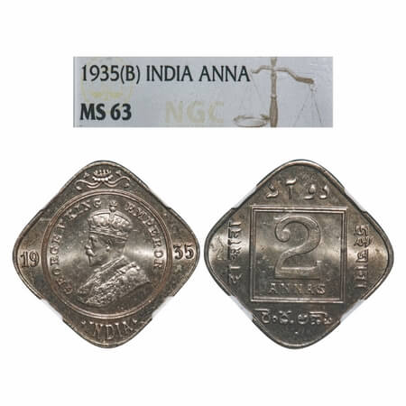George V, Copper-Nickel, 2 Annas, 1935, Bombay Mint, Dot. F. Prid 902. GK 1139. NGC Slabbe