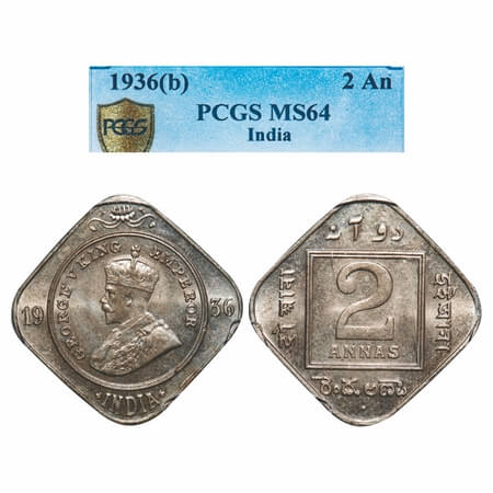 George V, Copper-Nickel, 2 Annas, 1936, Bombay Mint, Dot. F. Prid 903. GK 1140. PCGS Slabb