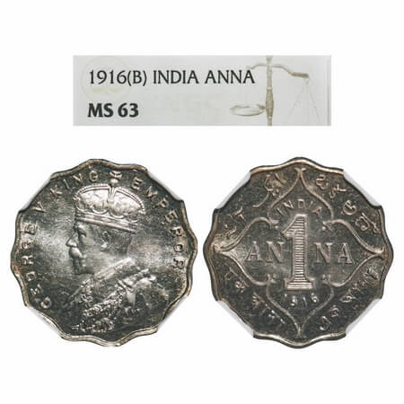 George V, Copper-Nickel, 1 Anna, 1916, Bombay Mint, No dot. F. Prid 946. GK 1146. NGC Slab