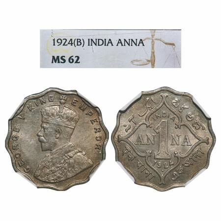 George V, Copper-Nickel, 1 Anna, 1924, Bombay Mint, Dot. F. Prid 952. GK 1152. NGC Slabbed
