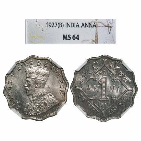 George V, Copper-Nickel, 1 Anna, 1927, Bombay Mint, Dot. F. Prid 955. GK 1158. NGC Slabbed