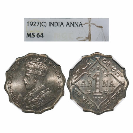 George V, Copper-Nickel, 1 Anna, 1927, Calcutta Mint, No dot. F. Prid 933. GK 1159. NGC Sl