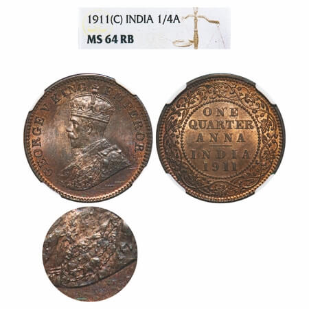 George V, Bronze, Quarter Anna, 1911, Calcutta Mint, No dot, Pig-type. F. Prid 656. GK 117