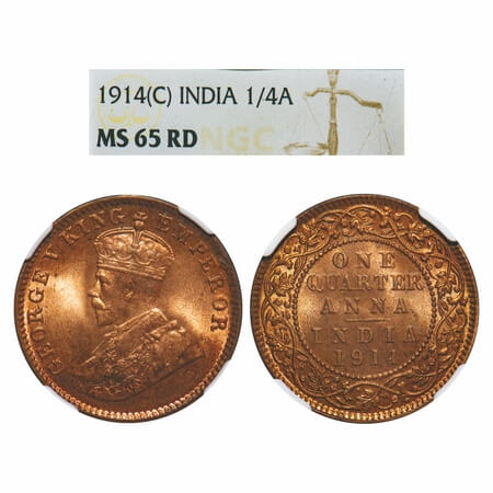 George V, Bronze, Quarter Anna, 1914, Calcutta Mint, No dot, Elephant-type. F. Prid 660. G