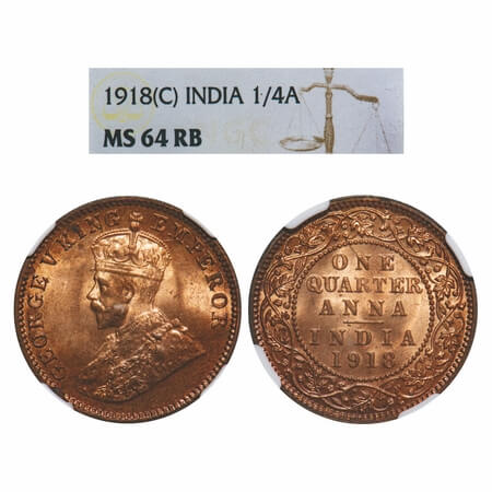 George V, Bronze, Quarter Anna, 1918, Calcutta Mint, No dot, Elephant-type. F. Prid 663. G