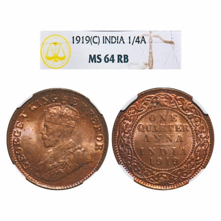 George V, Bronze, Quarter Anna, 1919, Calcutta Mint, No dot, Elephant-type. F. Prid 664. G