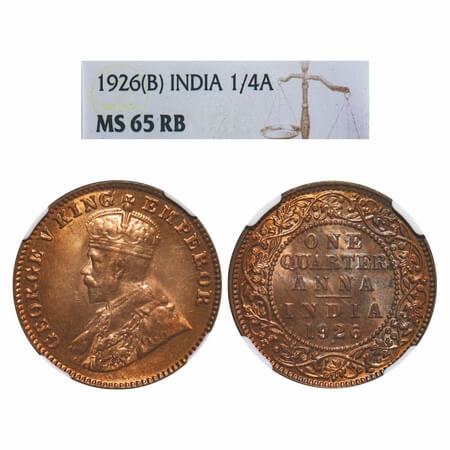 George V, Bronze, Quarter Anna, 1926, Bombay Mint, Dot, Elephant-type. F. Prid 679. GK 118