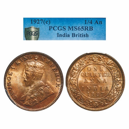 George V, Bronze, Quarter Anna, 1927, Calcutta Mint, No dot, Elephant-type. F. Prid 668. G