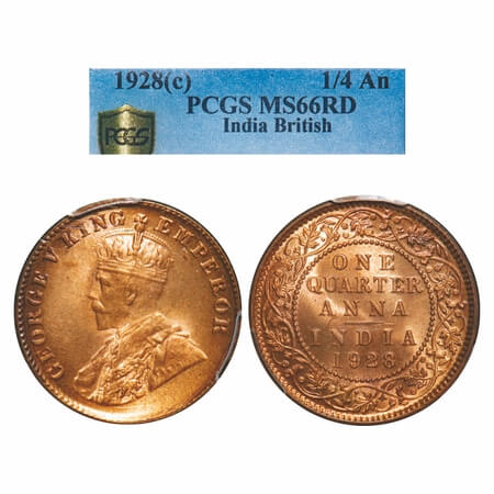 George V, Bronze, Quarter Anna, 1928, Calcutta Mint, No dot, Elephant-type. F. Prid 669. G