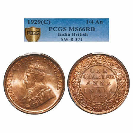 George V, Bronze, Quarter Anna, 1929, Calcutta Mint, No dot, Elephant-type. F. Prid 670. G