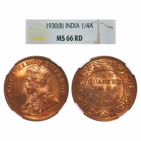 George V, Bronze, Quarter Anna, 1930, Bombay Mint, Dot, Elephant-type. F. Prid 671. GK 119